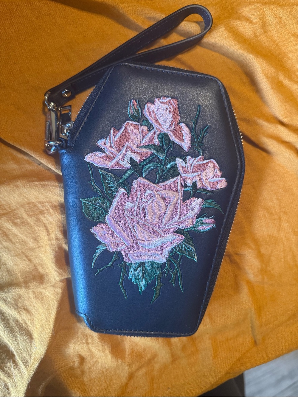 Dolls Kill Black Coffin Wristlet with Pink Rose Embroidery